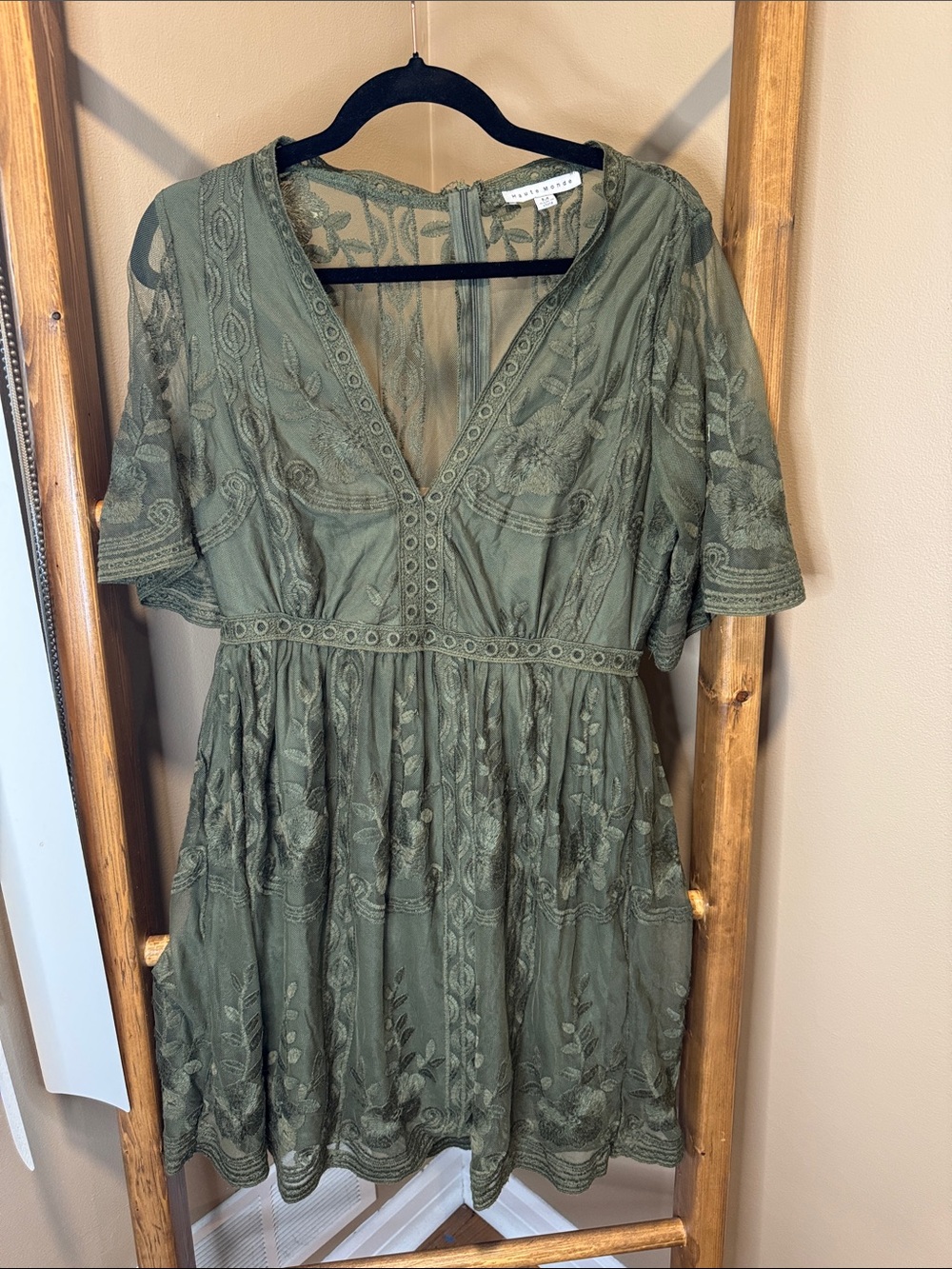 Haute Monde Olive Green Embroidered Mini Dress